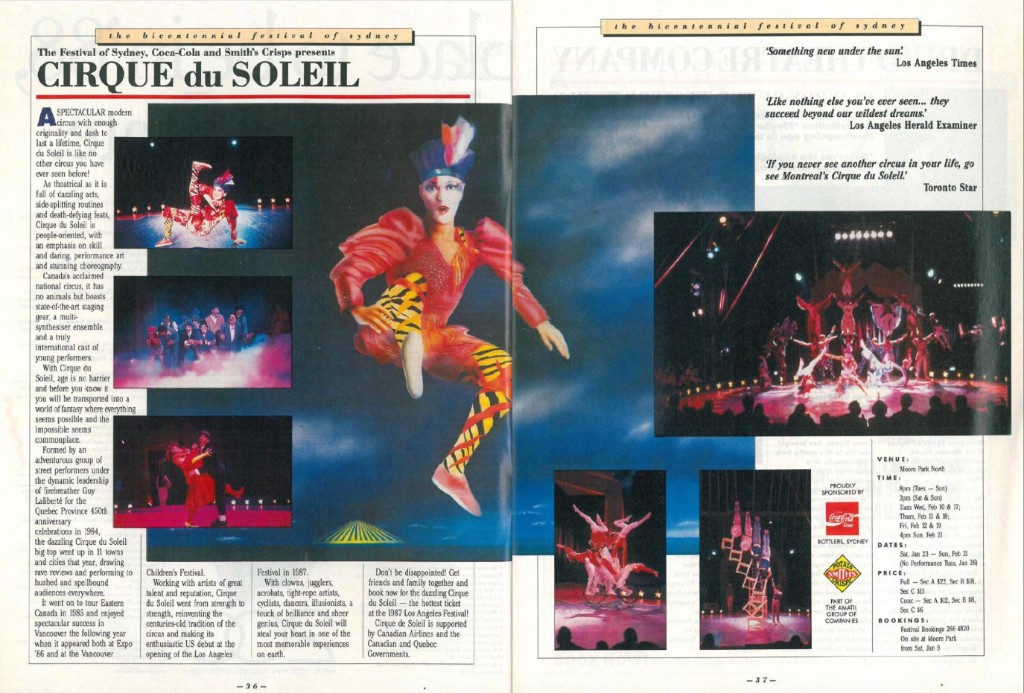Cirque du Soleil at the Bicentennial Festival of Sydney program spread